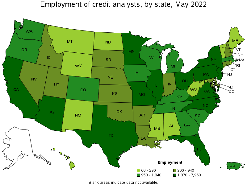 Map of employment of credit analysts by state, May 2022