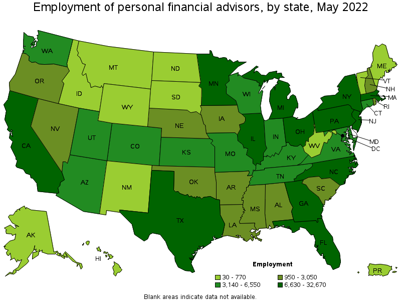 Map of employment of personal financial advisors by state, May 2022