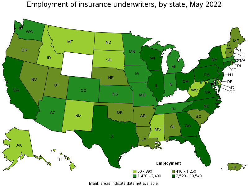 Map of employment of insurance underwriters by state, May 2022