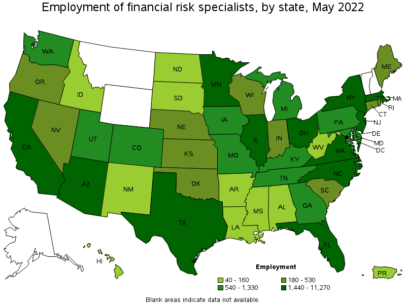 Map of employment of financial risk specialists by state, May 2022