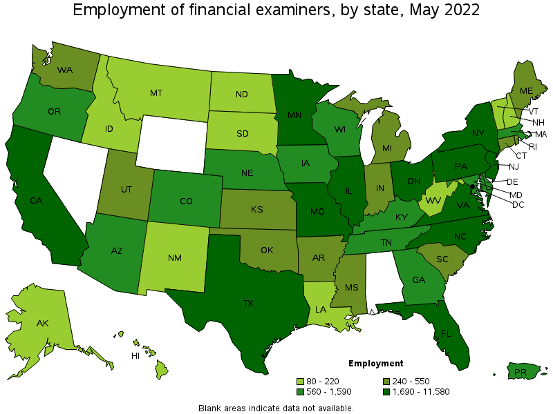 Map of employment of financial examiners by state, May 2022