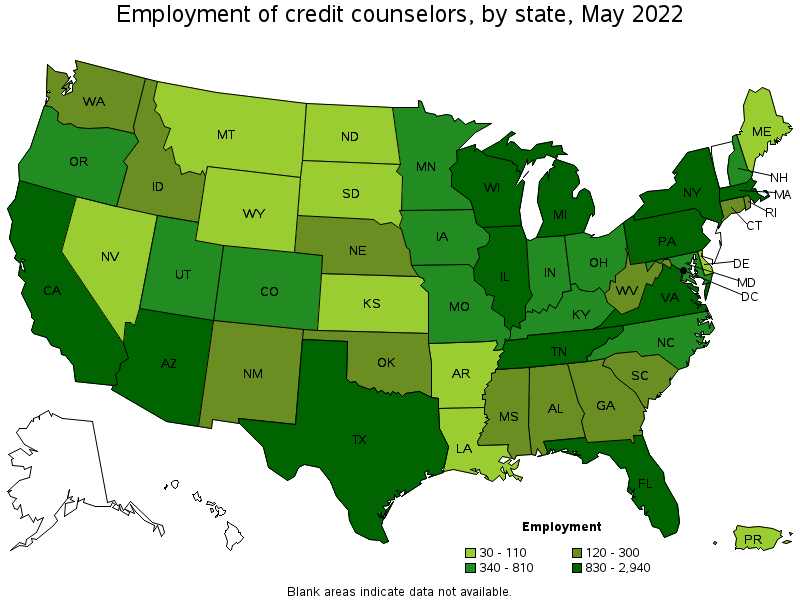 Map of employment of credit counselors by state, May 2022
