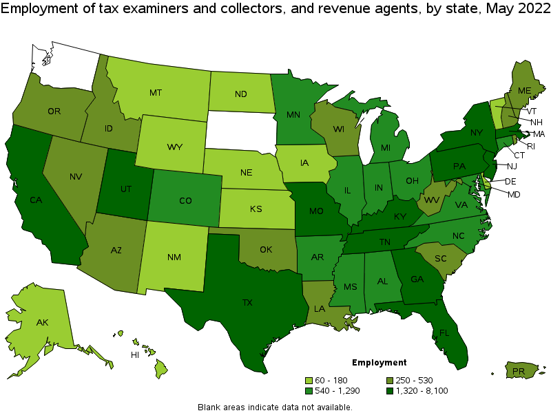 Map of employment of tax examiners and collectors, and revenue agents by state, May 2022