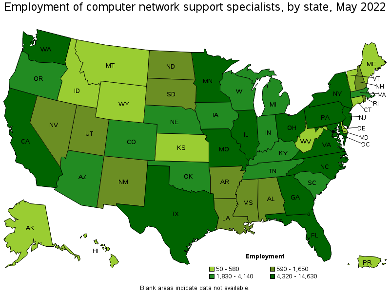 Map of employment of computer network support specialists by state, May 2022