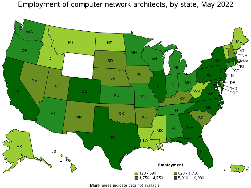 Map of employment of computer network architects by state, May 2022