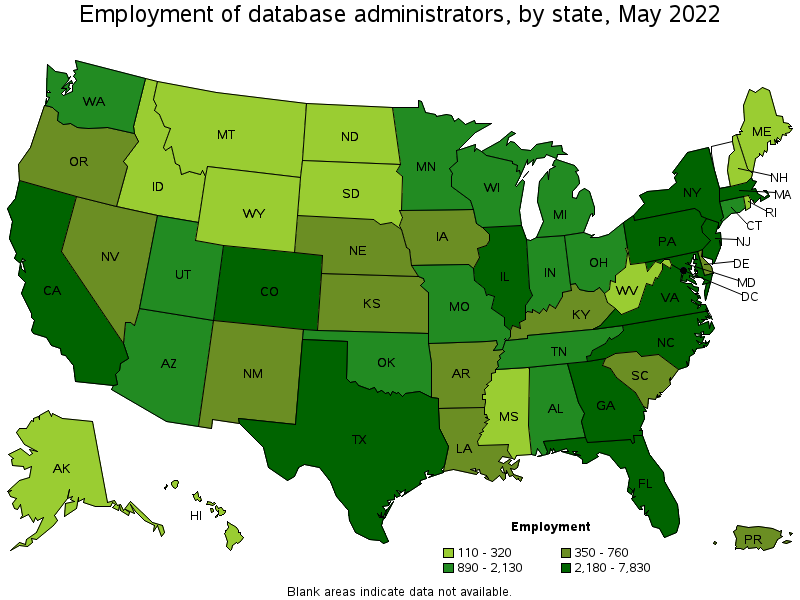 Map of employment of database administrators by state, May 2022