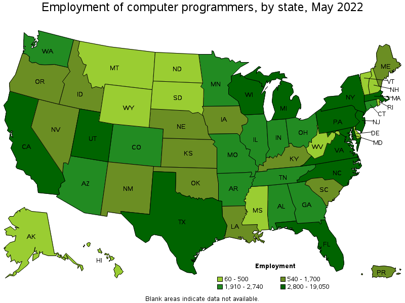 Map of employment of computer programmers by state, May 2022