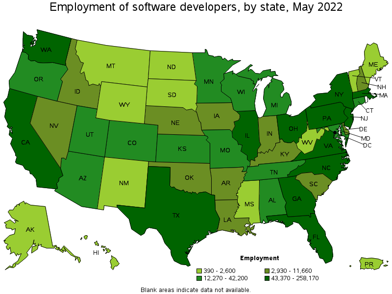 Map of employment of software developers by state, May 2022