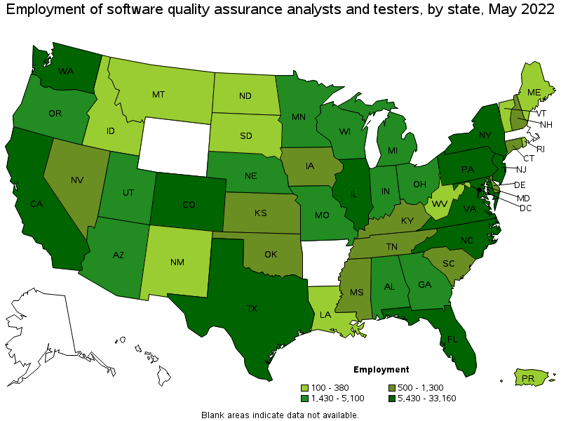 Map of employment of software quality assurance analysts and testers by state, May 2022