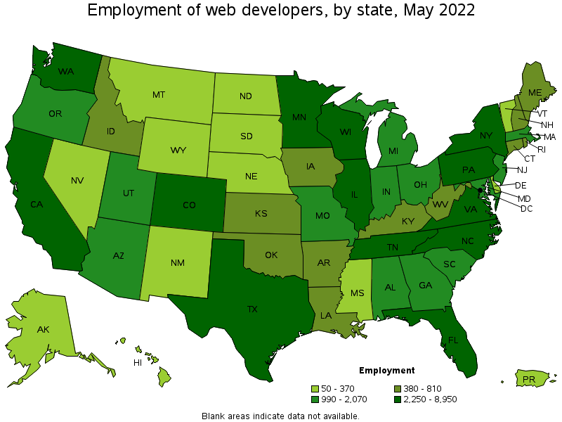 Map of employment of web developers by state, May 2022