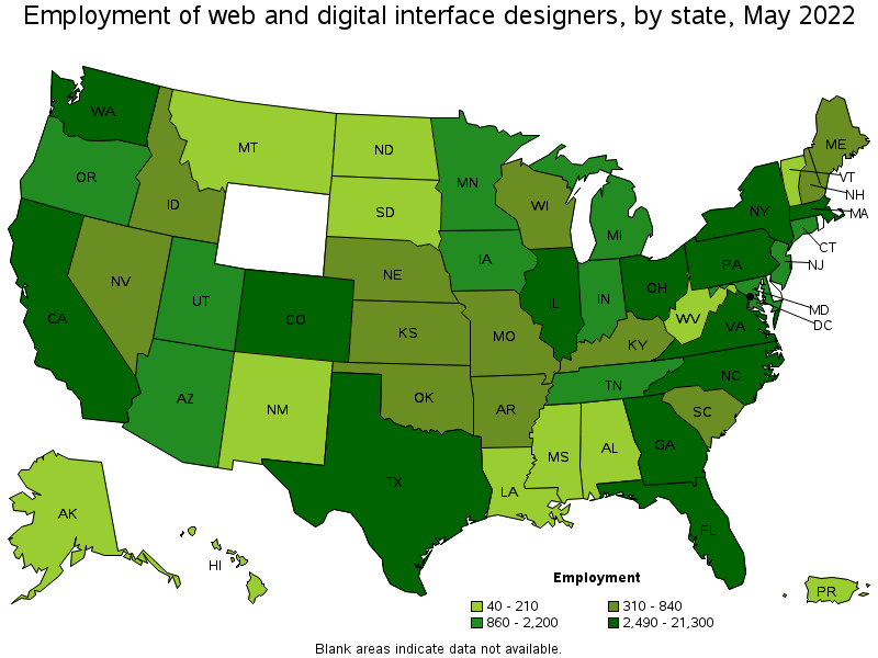 Map of employment of web and digital interface designers by state, May 2022