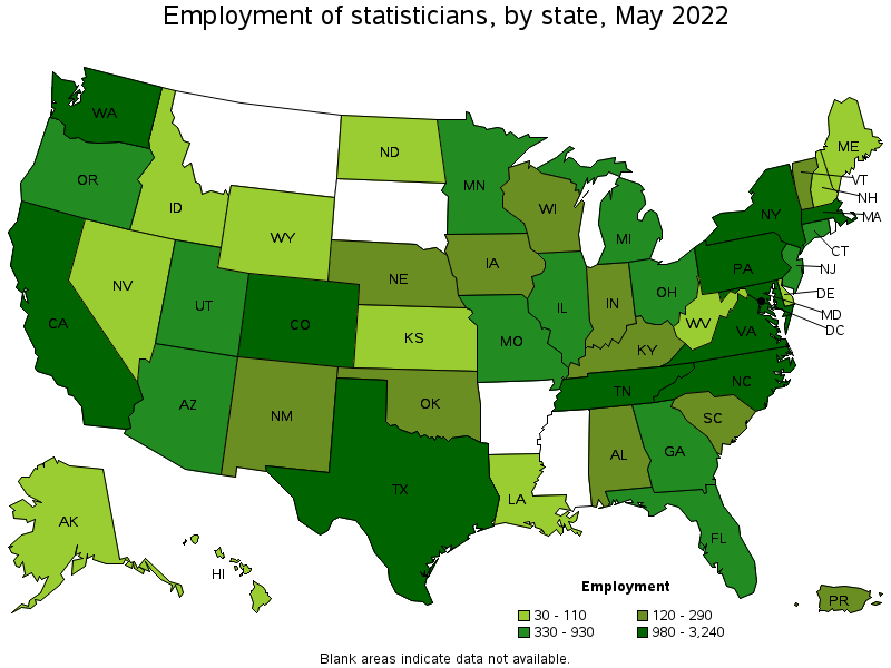 Map of employment of statisticians by state, May 2022