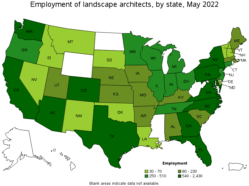 Map of employment of landscape architects by state, May 2022