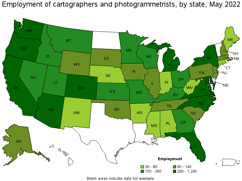 Map of employment of cartographers and photogrammetrists by state, May 2022