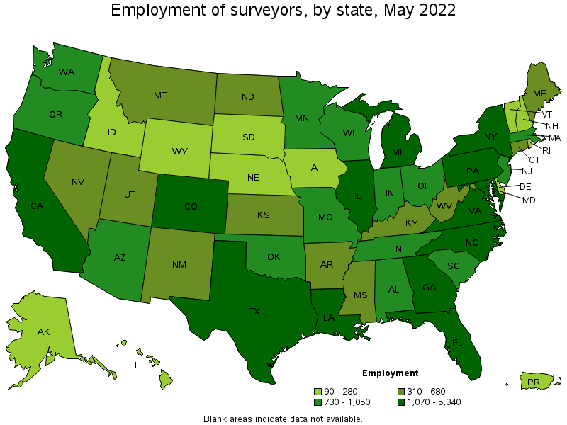 Map of employment of surveyors by state, May 2022