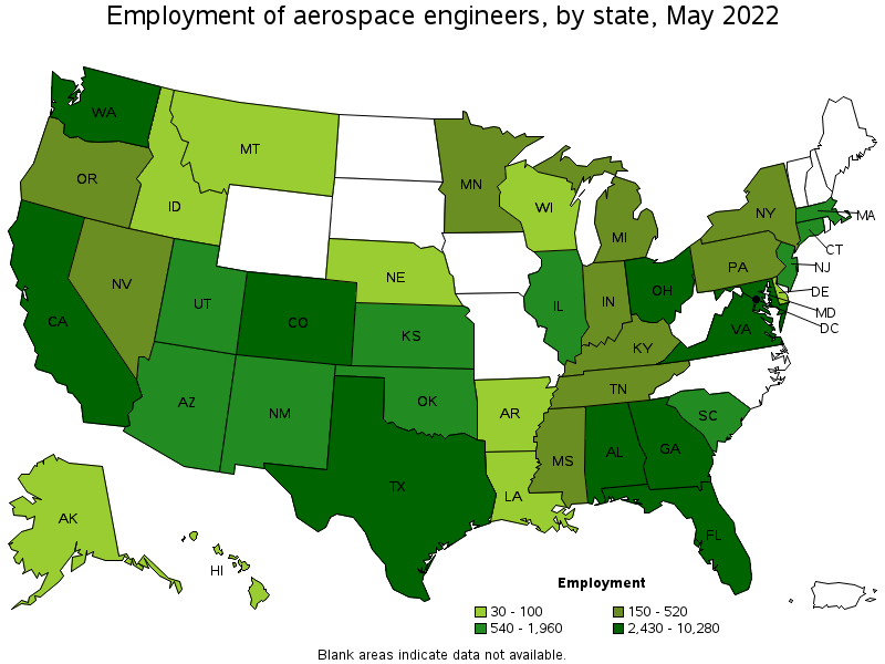 Map of employment of aerospace engineers by state, May 2022