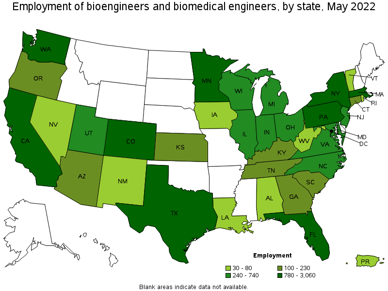 Map of employment of bioengineers and biomedical engineers by state, May 2022