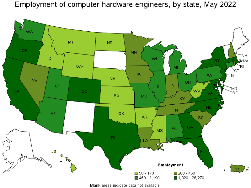 Map of employment of computer hardware engineers by state, May 2022