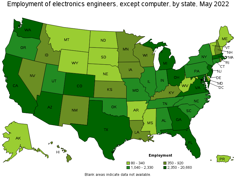 Map of employment of electronics engineers, except computer by state, May 2022