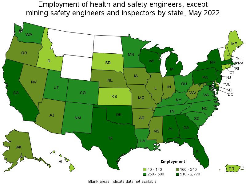 Map of employment of health and safety engineers, except mining safety engineers and inspectors by state, May 2022