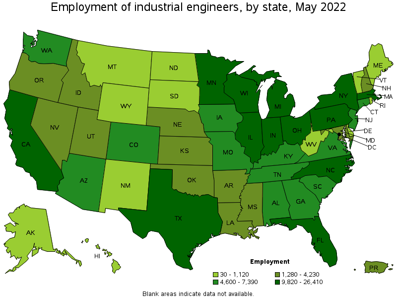 Map of employment of industrial engineers by state, May 2022