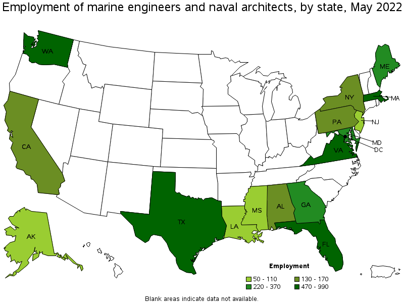 Map of employment of marine engineers and naval architects by state, May 2022