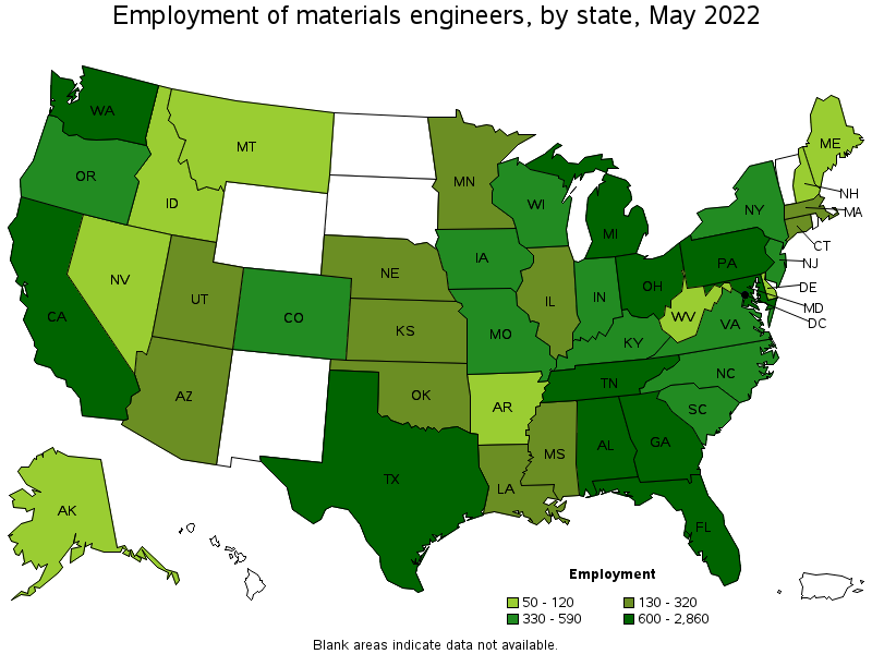 Map of employment of materials engineers by state, May 2022