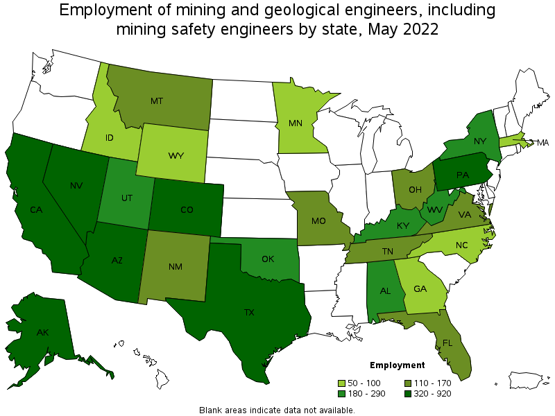 Map of employment of mining and geological engineers, including mining safety engineers by state, May 2022