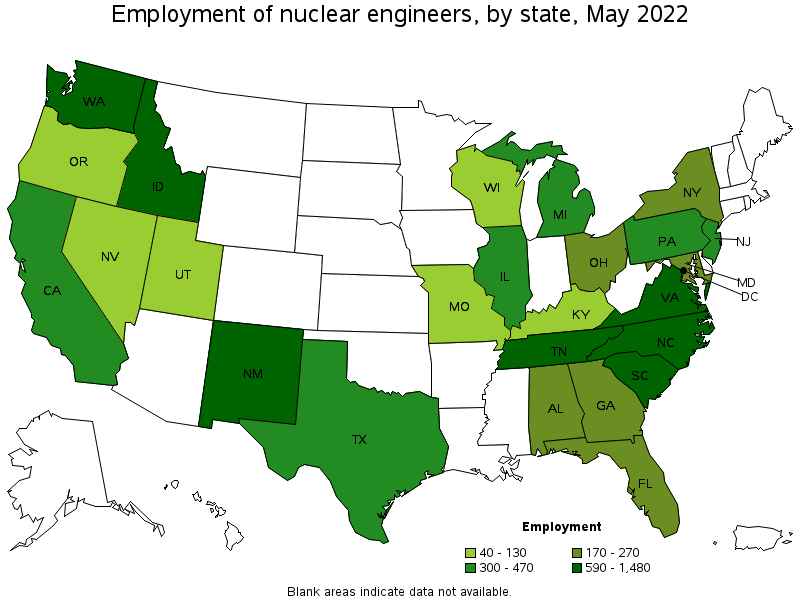 Map of employment of nuclear engineers by state, May 2022