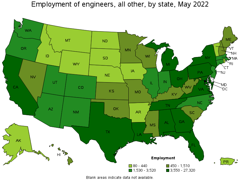 Map of employment of engineers, all other by state, May 2022