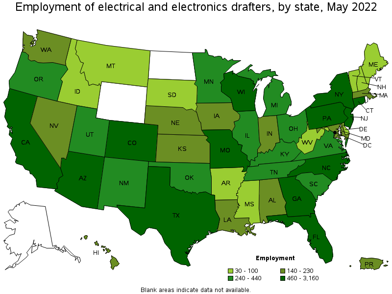 Map of employment of electrical and electronics drafters by state, May 2022