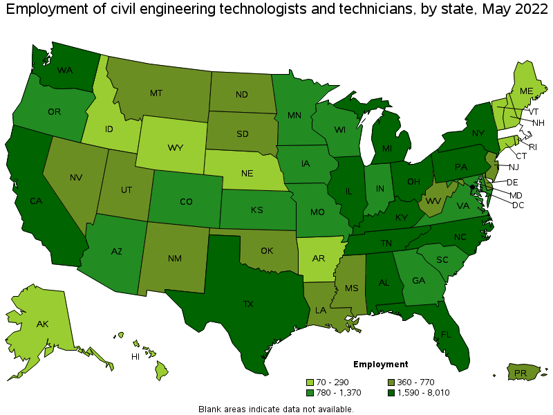 Map of employment of civil engineering technologists and technicians by state, May 2022
