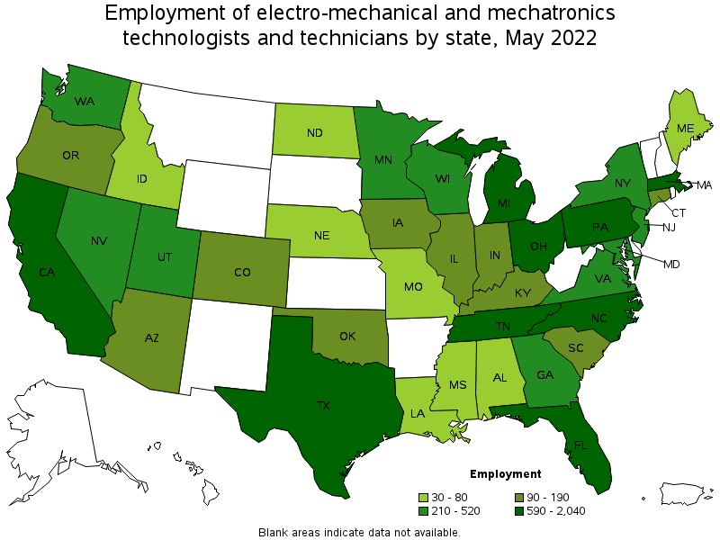 Map of employment of electro-mechanical and mechatronics technologists and technicians by state, May 2022