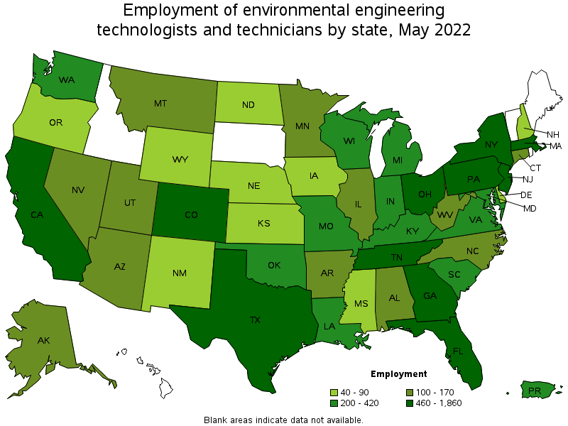 Map of employment of environmental engineering technologists and technicians by state, May 2022