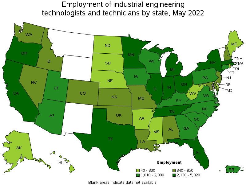 Map of employment of industrial engineering technologists and technicians by state, May 2022