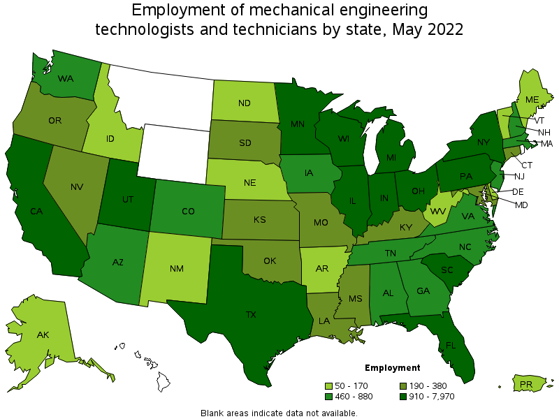 Map of employment of mechanical engineering technologists and technicians by state, May 2022