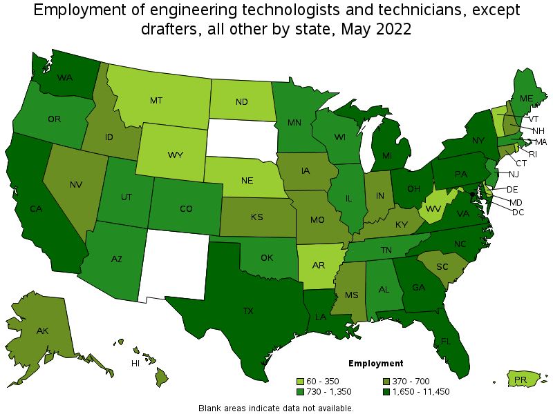 Map of employment of engineering technologists and technicians, except drafters, all other by state, May 2022