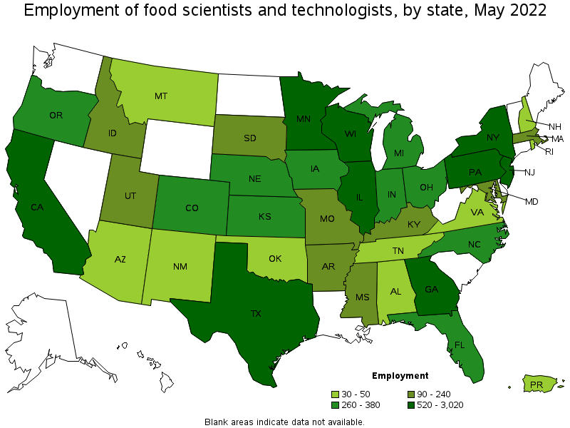 Map of employment of food scientists and technologists by state, May 2022