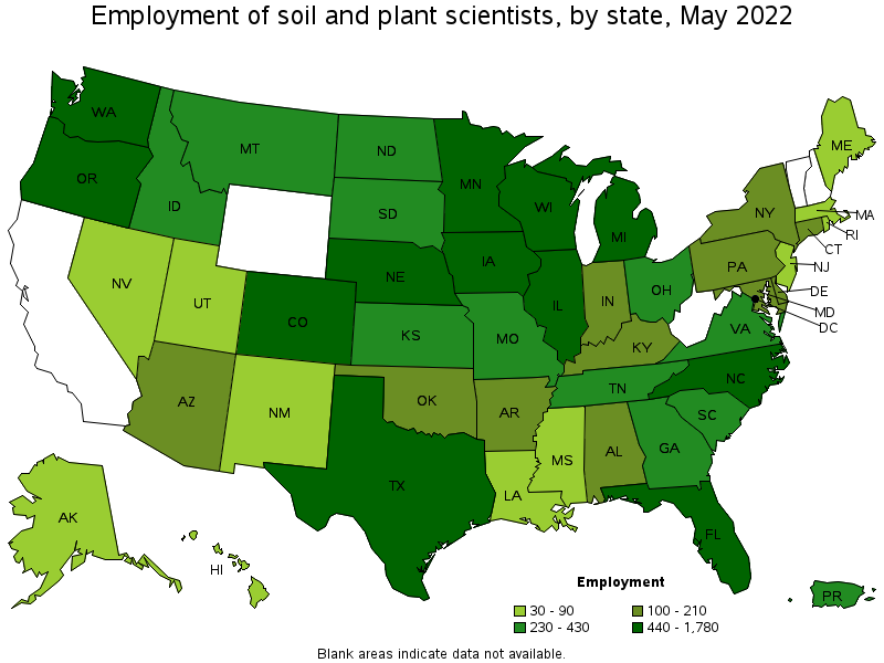 Map of employment of soil and plant scientists by state, May 2022