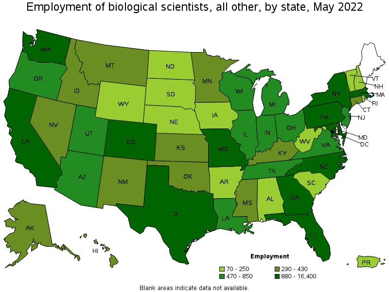 Map of employment of biological scientists, all other by state, May 2022