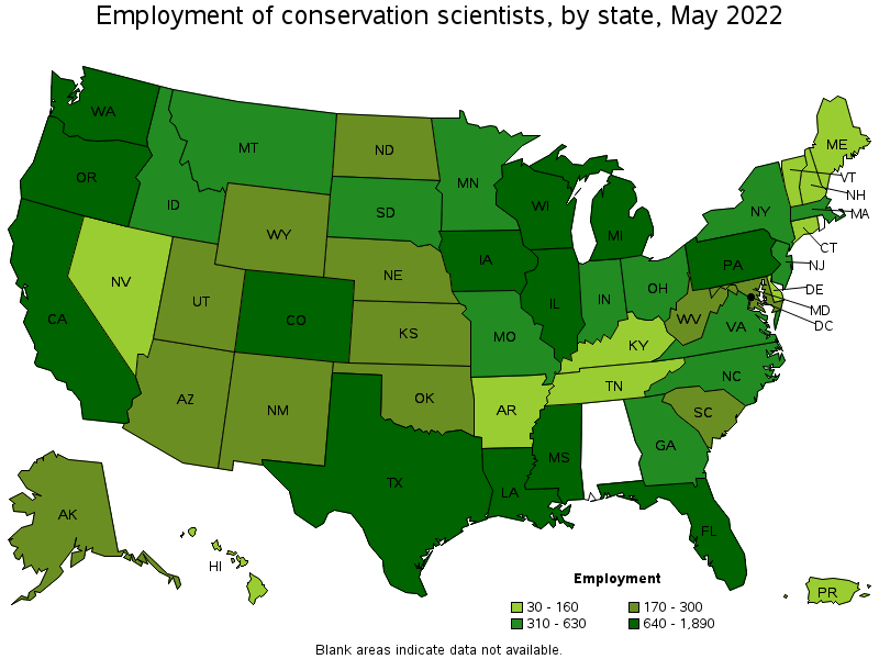 Map of employment of conservation scientists by state, May 2022