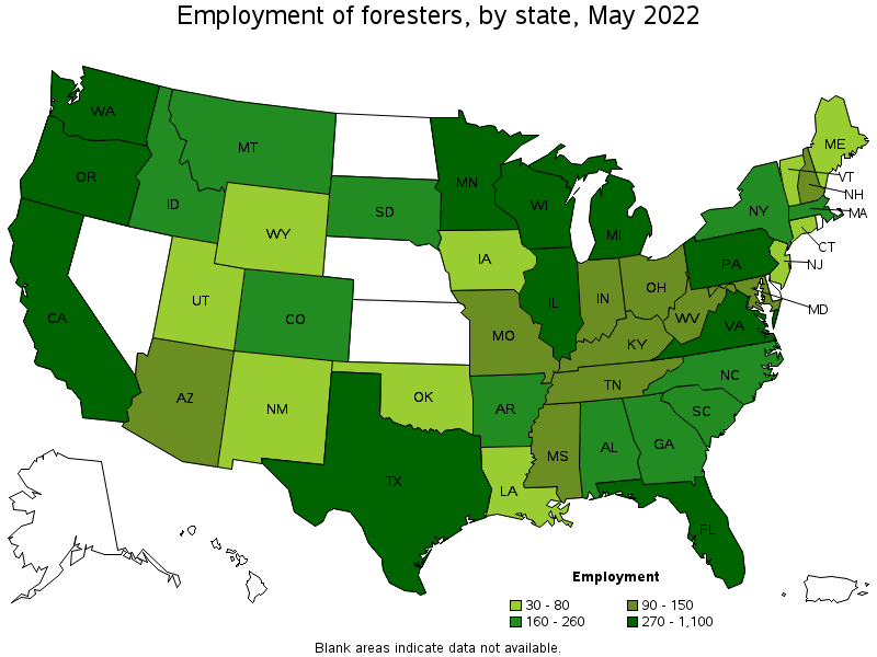 Map of employment of foresters by state, May 2022