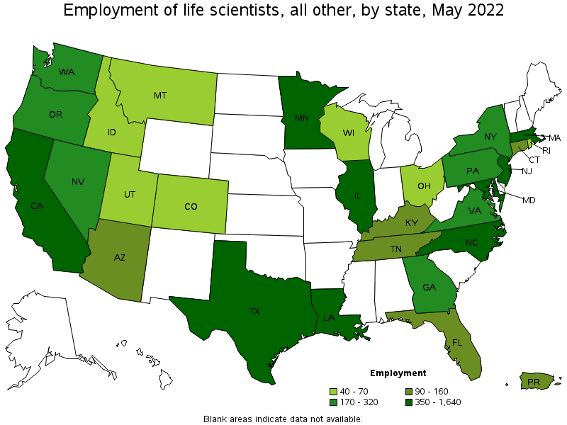 Map of employment of life scientists, all other by state, May 2022