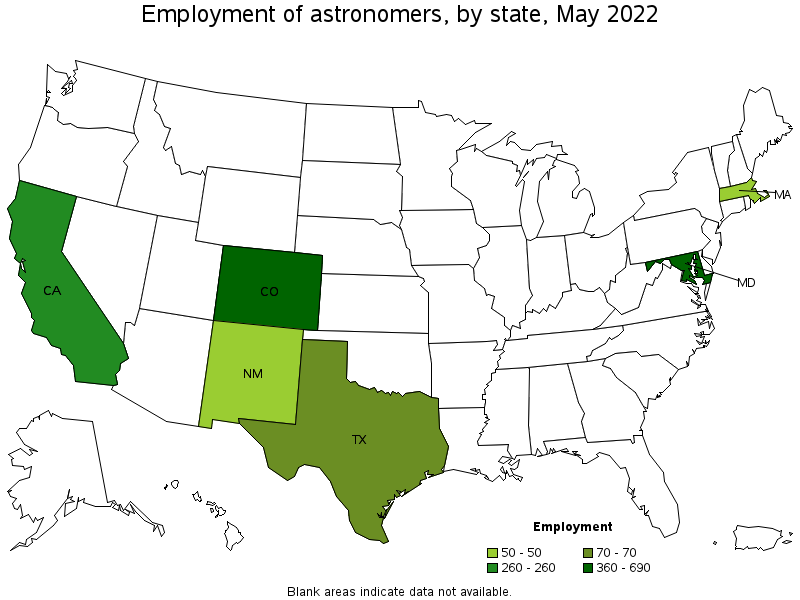 Map of employment of astronomers by state, May 2022