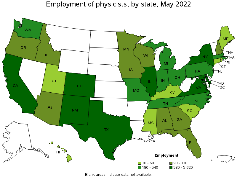 Map of employment of physicists by state, May 2022