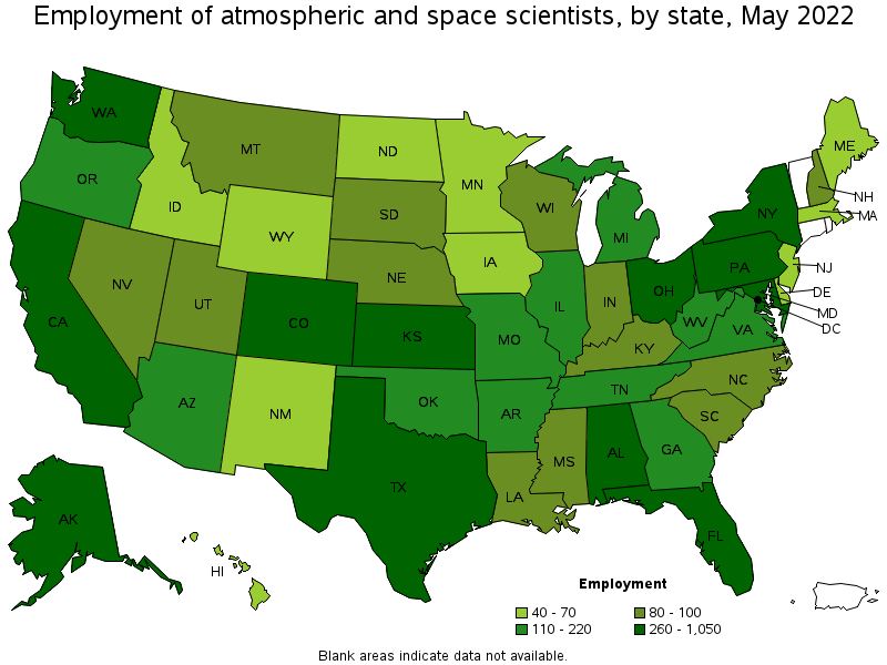 Map of employment of atmospheric and space scientists by state, May 2022