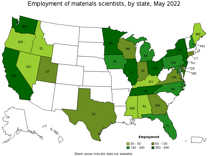 Map of employment of materials scientists by state, May 2022