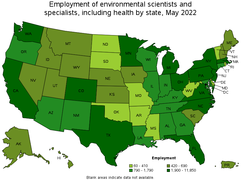 Map of employment of environmental scientists and specialists, including health by state, May 2022
