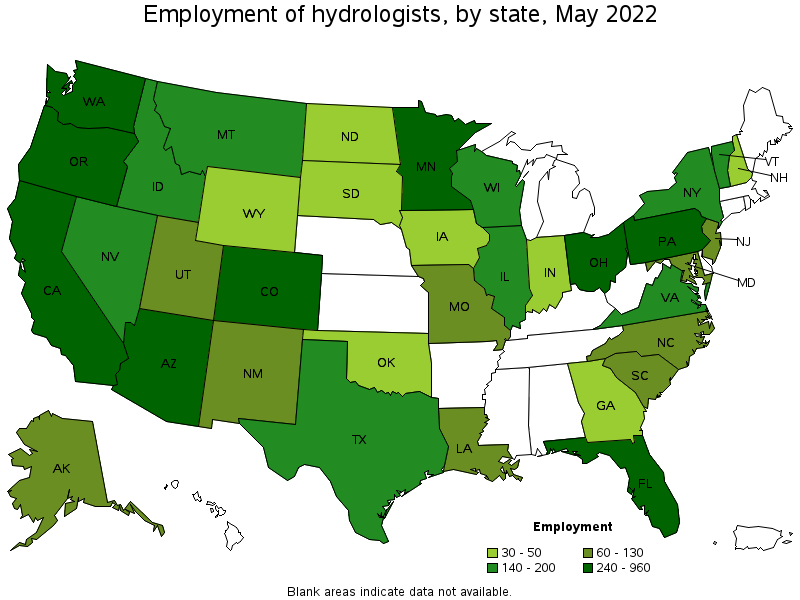 Map of employment of hydrologists by state, May 2022