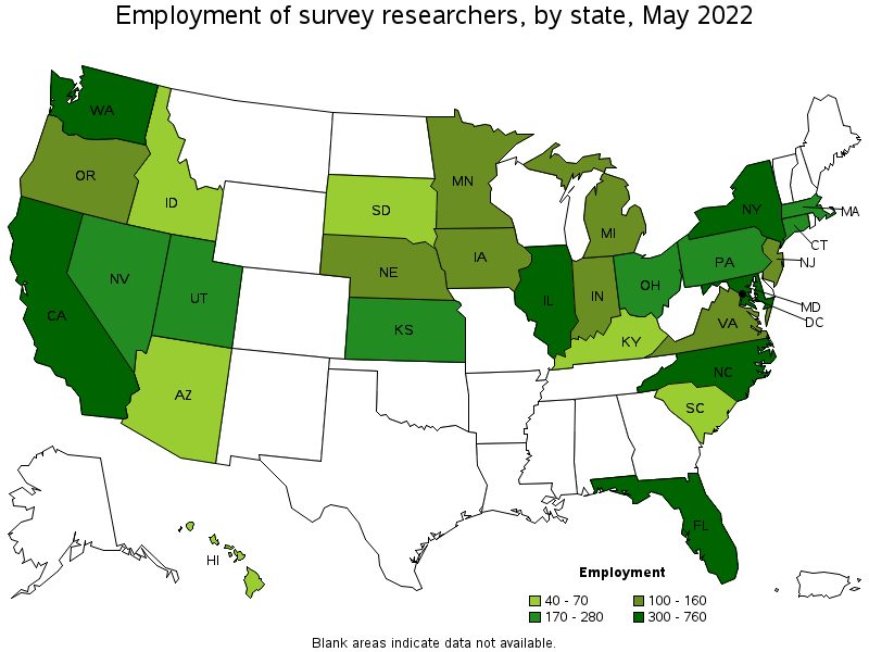 Map of employment of survey researchers by state, May 2022